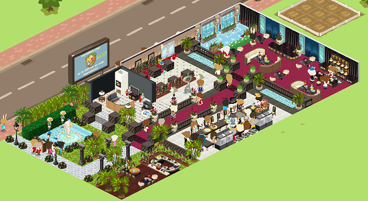 A fully decorated restaurant in Restaurant City: a red-carpet dining room, a lounge and a garden with a fountain.