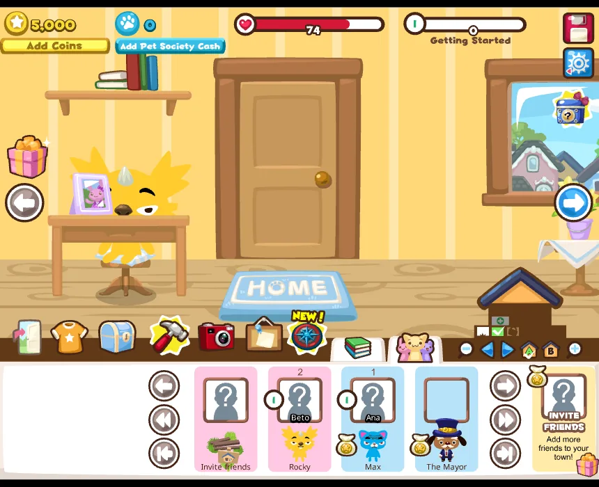 A yellow pet called Rocky at home in Pet Society, with the coins, the mood bar and the friends bar around the room.