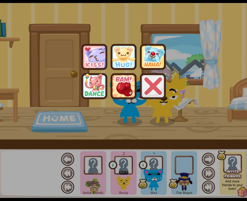 Rocky visiting Max's house in Pet Society, with the kiss, hug, haha, dance and bam buttons open.
