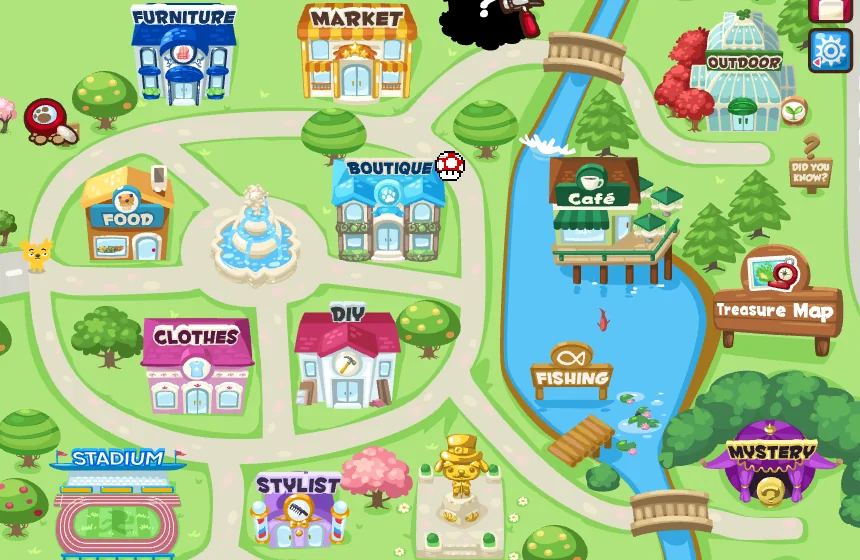 The Pet Society town: the furniture, food, clothes and DIY shops around the fountain, and the café by the river.