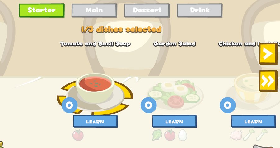 The menu screen: starter tabs with tomato and basil soup, garden salad and more, and the ingredients below.